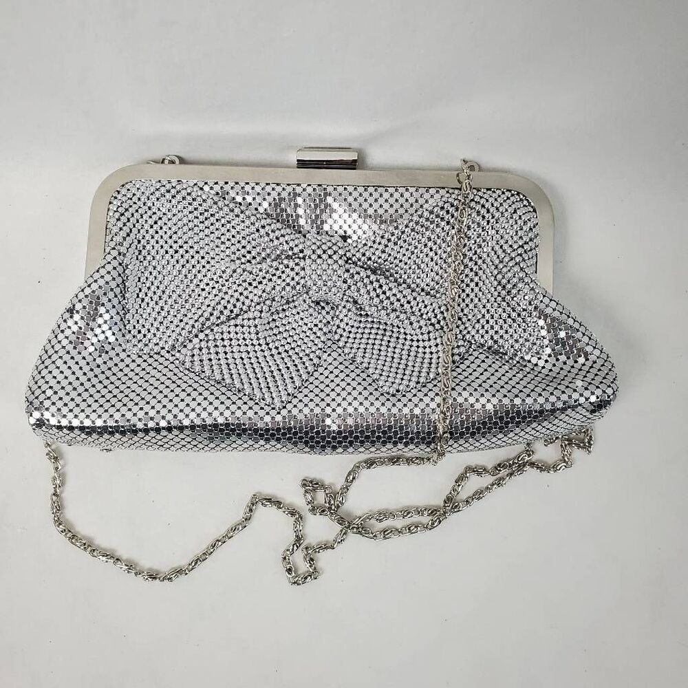 Jessica McClintock Silver Mesh Evening Bag Clutch Purse With Chain Strap – 9x4.5